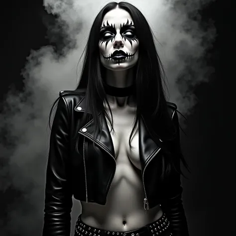 A hyper-realistic, extreme close-up black-and-white studio photograph in high definition. The image features a strikingly sexy black metal woman with long, flowing black hair. (((Her eyes are completely white, staring straight ahead, as if blinded by a dra...