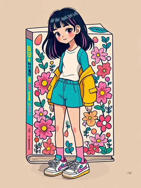 (Q version style, book cover decoration, moonlab_studio style, thick line strokes, Graffiti, Minimalism), A colorful anime girl embodying a fusion of vibrant and pastel tones, showcased in a confident pose. Drawn with artistic inspiration from manga and co...