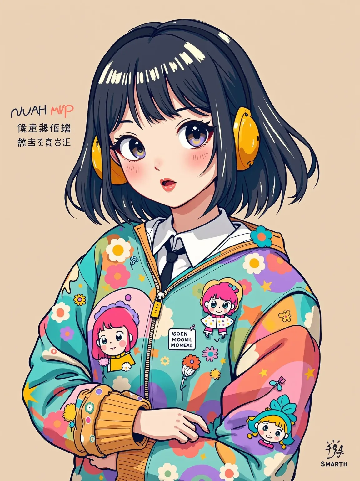 (Q version style, book cover decoration, moonlab_studio style, thick line strokes, Graffiti, Minimalism), A colorful anime girl embodying a fusion of vibrant and pastel tones, showcased in a confident pose. Drawn with artistic inspiration from manga and co...