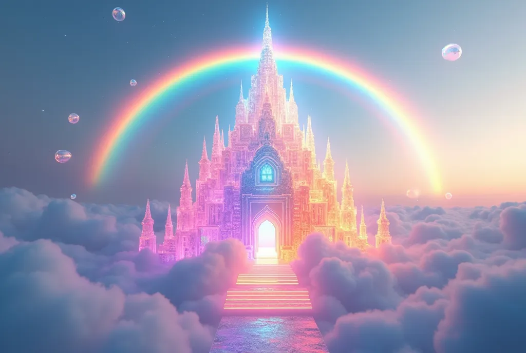 Temple made entirely of completely translucent rainbow crystal in the middle of the clouds with a rainbow in the background and many orbs of light
