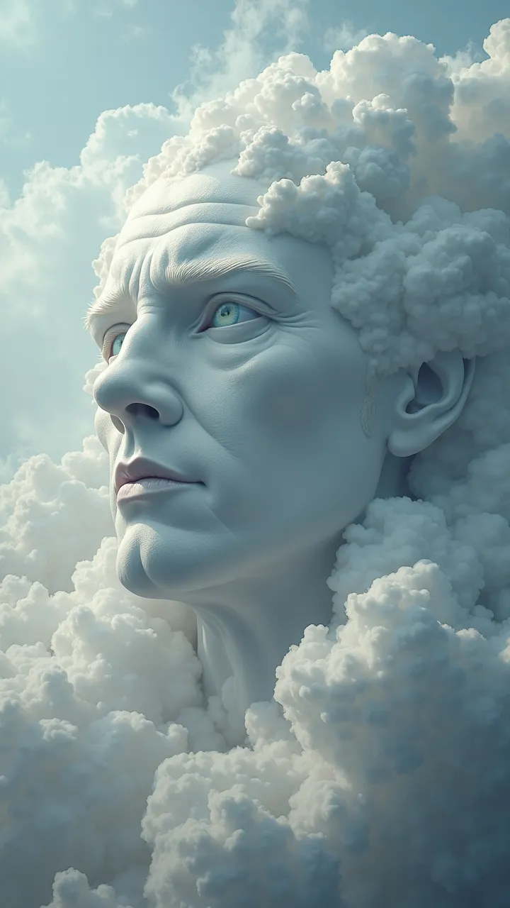 A giant's face in realistic cloud shape detailed 4k , Expression of apathy .