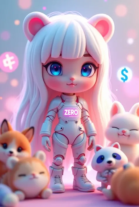 A cute and highly detailed 3D-rendered illustration of ZER0, the embodiment of liquidity in 0G Chain. She stands in a playful, ethereal environment, surrounded by adorable creatures like a cybernetic panda, a fluffy fox, a smiling cat, a cuddly rabbit, and...