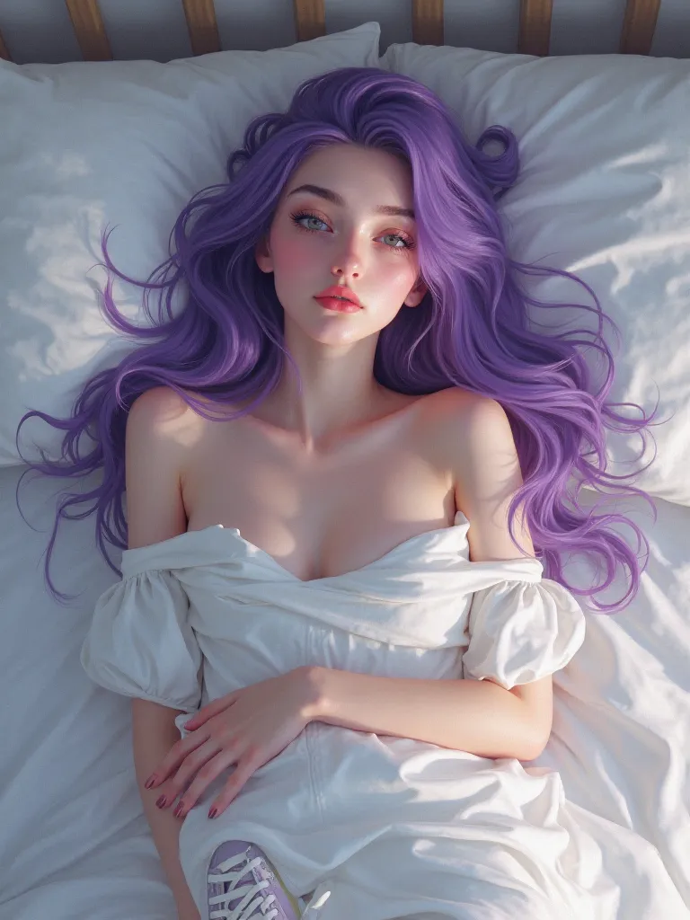 Girl lying in bed wearing sneakers, purple hair, detailed, realistic, studio lighting, Perfectly sharp , fotorealistice malerei,  beautiful colors , delicate skin