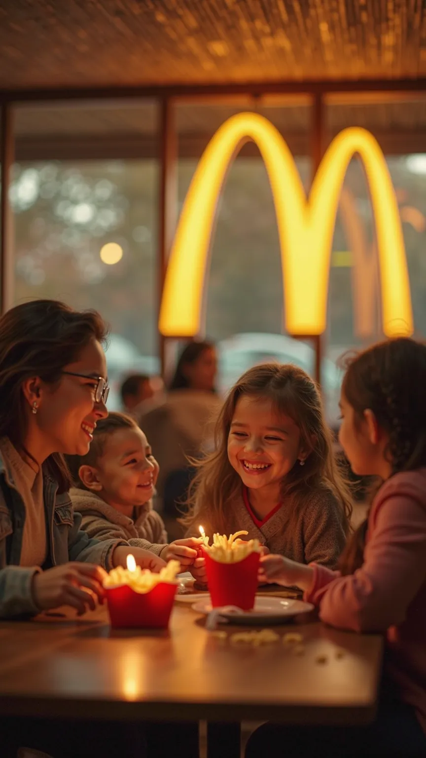 "A warm and nostalgic McDonald's restaurant scene. A happy family sits at a
table, ren laughing as they share fries. The golden arches glow in the background,
reinforcing the feeling of comfort and hood memories."