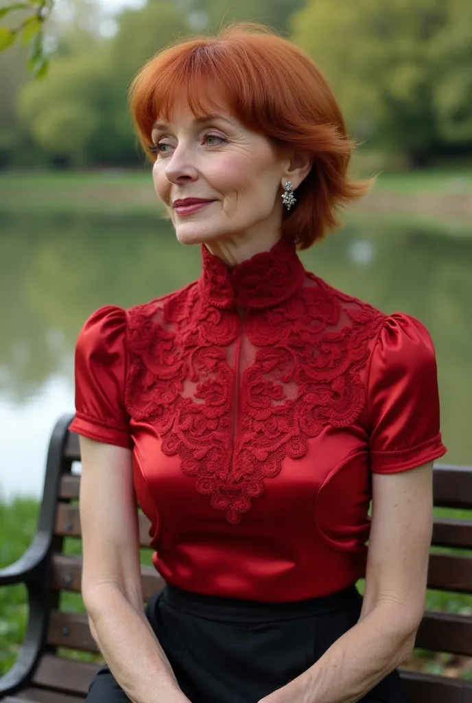 A beautiful, red-haired veteran woman with an extremely long neck. She wears a short sleeve red turtleneck made of satin with lace details, of a color that highlights her figure. The collar of the garment is high and tight, remaining completely attached to...