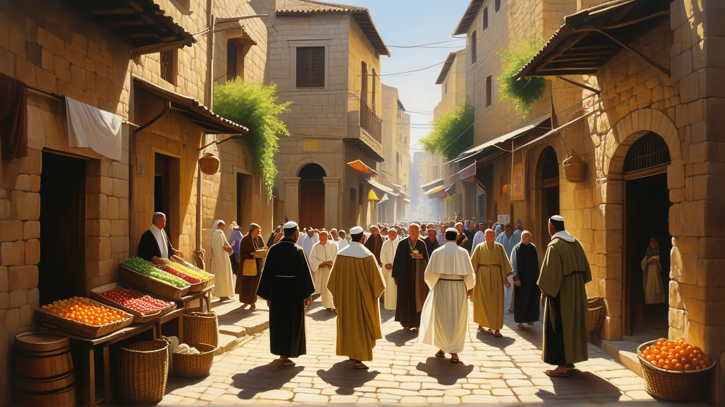 A bustling biblical city with markets, stone houses and priests on the streets. People trade, sings and prays not knowing that disaster is coming." 