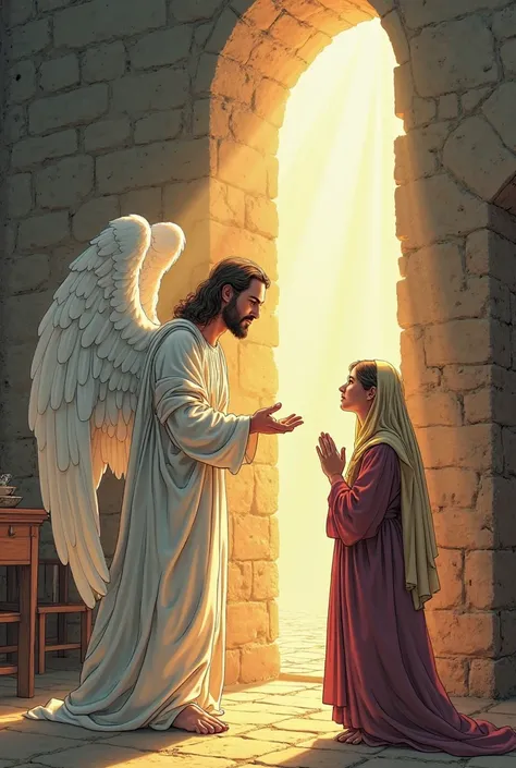 Angel Gabriel appearing to Mary in Nazareth, with rays of heavenly light illuminating the scene. In comic book style