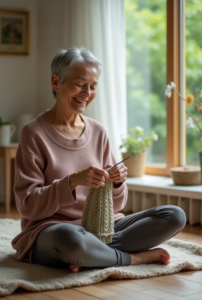 50 year old woman knitting while doing yoga