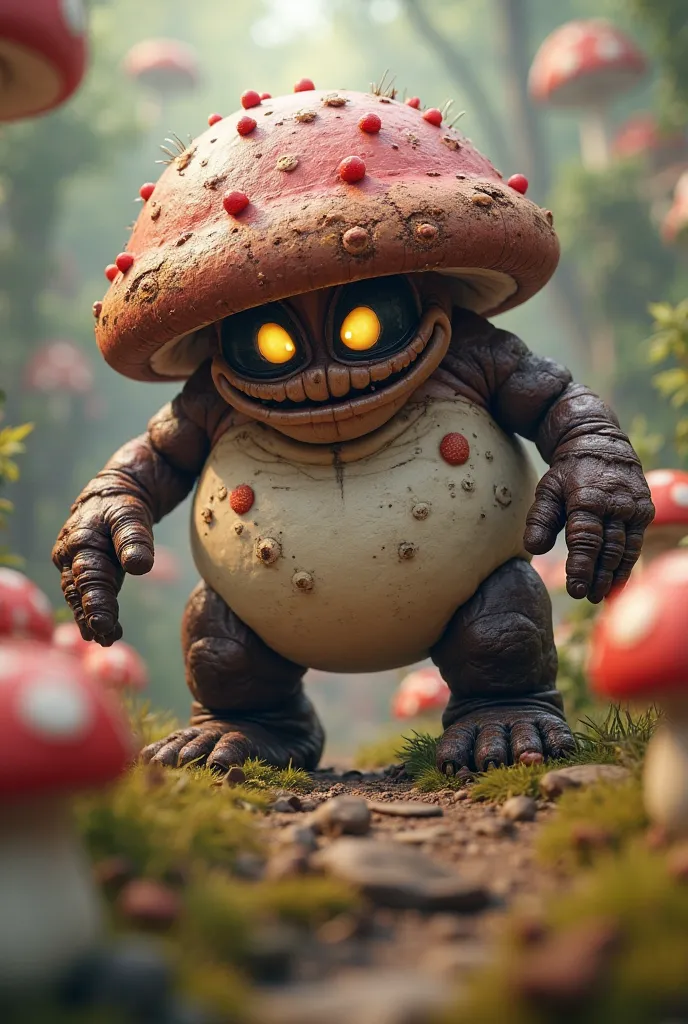 Create a hyper-realistic monster inspired by Super Mario's Goomba, but more intimidating and massive, full-sized. The body is covered with a texture reminiscent of a mushroom cap, but now it looks like the flesh of a living creature: brown rings with smoot...