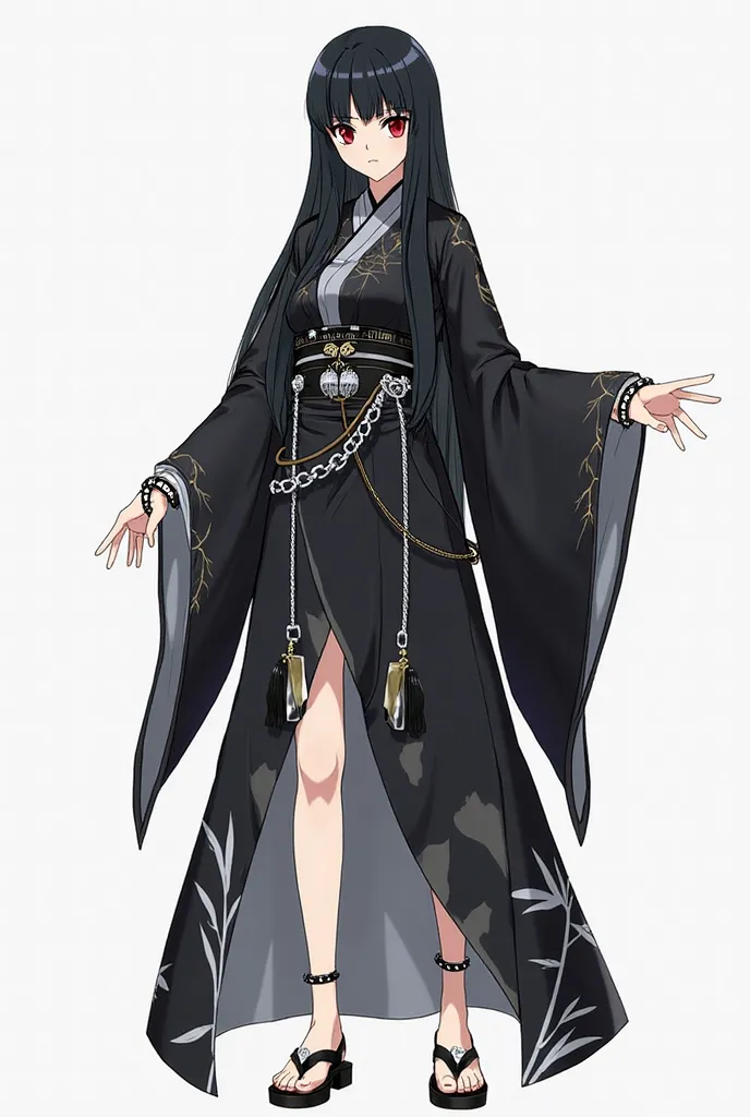 anime. Demon Slayer reference sheet: kimetsu no yaiba. The character is wearing an elegant and dark costume, predominantly black with gray and silver details. The dress has a traditional Asian style, reminiscent of a modern hanfu, with asymmetric elements ...