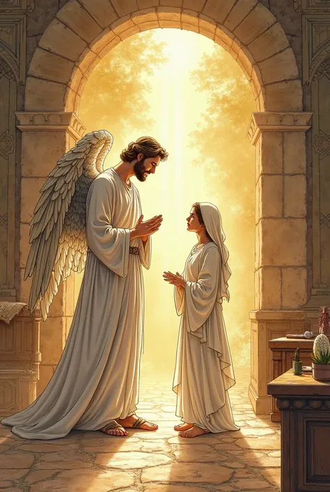 Angel Gabriel appearing to Mary in Nazareth, with rays of heavenly light illuminating the scene. in drawing style 