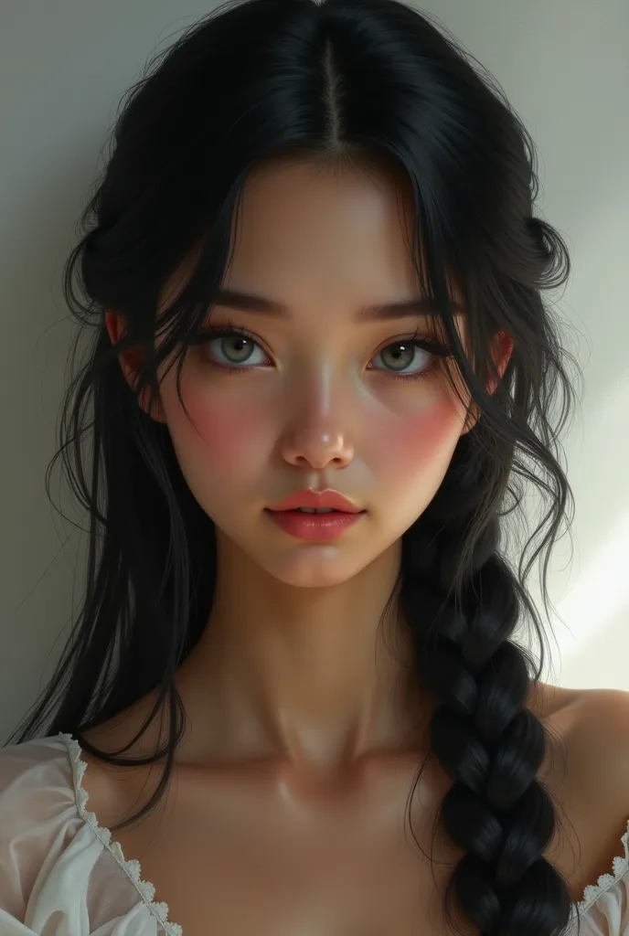  girl Black and straight hair in a braid, olive skin, gray eyes and thin