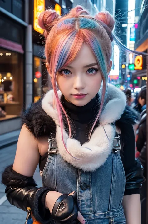 (masterpiece, best quality:1.2), (absurdres, highres, ultra-detailed), (perfect anatomy) ,
close-up face,
1 Japanese girl,beautiful girl,22yo,beautiful eyes00 , (heterochromia, green eyes ,blue eyes), 
half updo,
((multicolored hair , pink hair, orange hai...