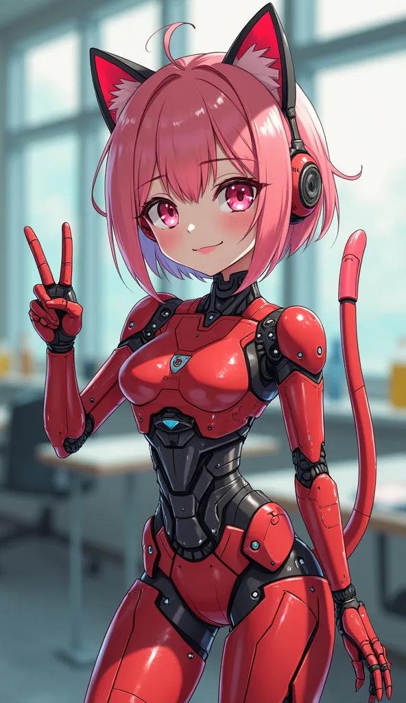 Anime style, Full cybernatic mini female robot with cat ears and tail, short mechanical hair, red painted mechanical body, tiny ai robot, mechanical human facial features, peace pose, smile, wink, mechanicle open front skirt
Background, indoor glass study ...