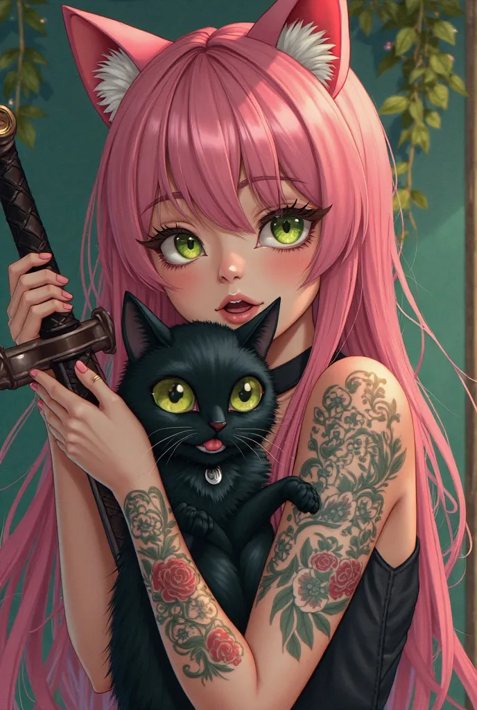 emerald green and red gradation background、old cafe 、Femboy's long pink hair, One eye blinks、With an ecstatic look、green eyes。 勇者のswordを持つゴスロリメイド服、tattoo hugging a black cat sticking out its tongue very detailed, textured skin, sword