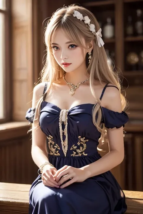  One Girl ,  long hair, Light Hair Color,  enchanting eyes,  Mysterious Expressions , Mature Appearance, Attractive dress,  Relaxed Dress, Graceful Jewels , Intricate decoration, Magic symbols, Glowing Accessories,  potion , Scroll, Cute accent, bow, ribbo...