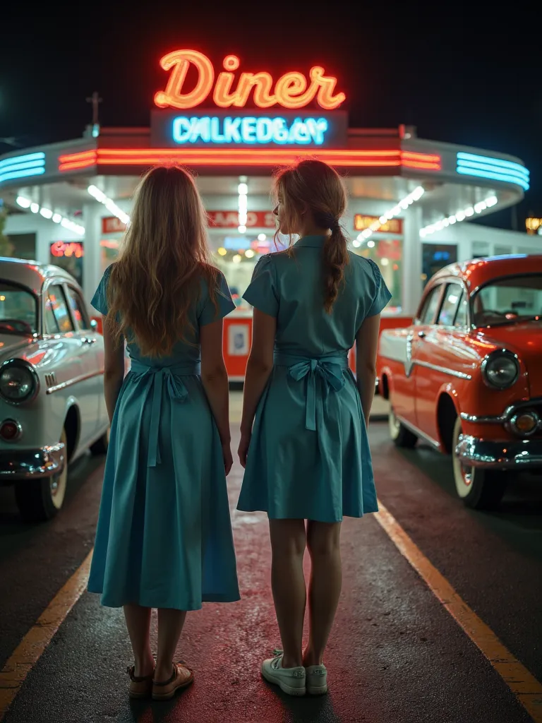 Two girls are  staring at viewers in the parking lot in front of a 1950s American diner, Famous cars from the 1950s are parked in the parking lot, staff who serve or assist customers or visitors, Emotional smile, so cute, waitres,  full body photo,  snapsh...