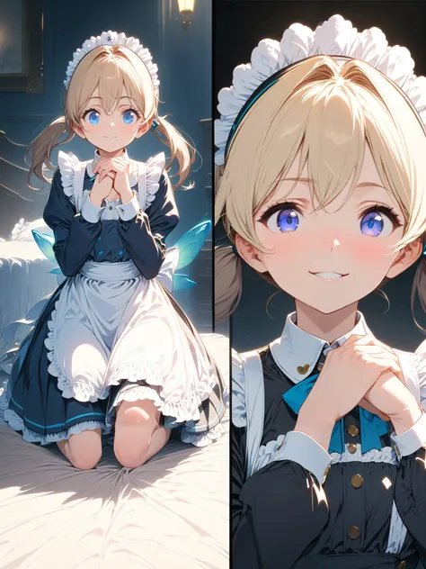  Blonde Twin Tail Maid Daughter , (Highest quality), not exhaustive, 8K product, aesthetics, Volume Lighting, very well detailed (Fairy), (one girl), perfect face, exhaustive, Double Twintails,  Brant Bang, gray hair,  blue eyes, pink,  Thin Smile , Kawash...