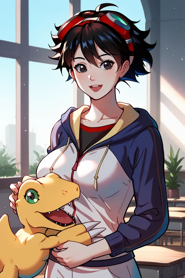 (upper_body:1.1),{shiny},(looking_at_viewer:1.1),smile,open_mouth,(solo:1.2),(1girl:1.2),momotsuka_takuma,digimon_(creature),(genderswap_(mtf):1.2),(red_goggles_on_head:1.2),(spiked_hair:1.2),(black_hair:1.2),(black_eyes:1.2),(large_breasts:1.2),black_shir...