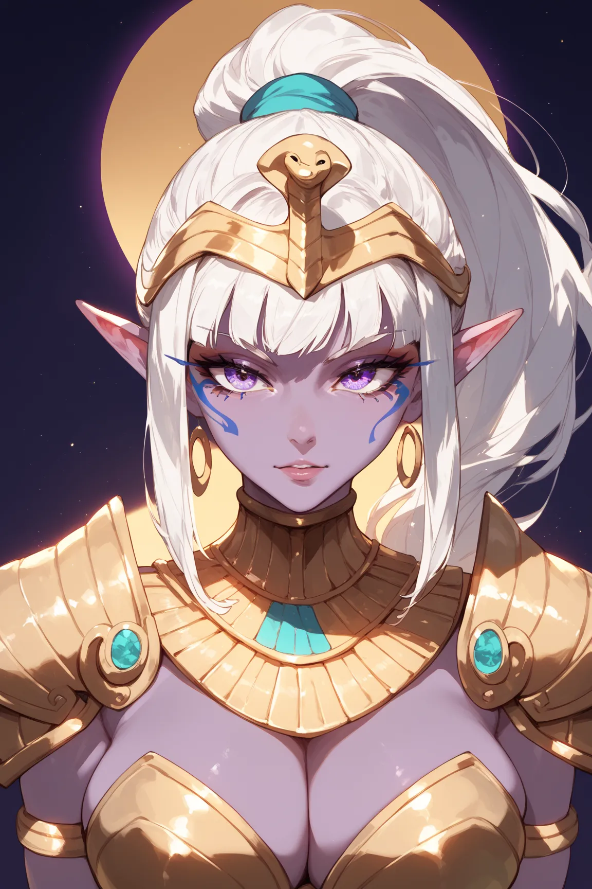 purple skinned ,Woman,White hair, ponytail,golden lines on the face,white and golden armor, pointy ear, Anime style ,Egyptian style 