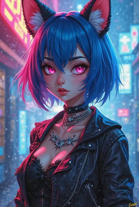 A bad girl in anime furra with blue and pink 