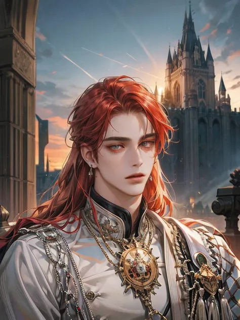 ((Best Quality)), ((masterpiece)), (detailed), Perfect Face, a handsome man in his mid 20s, a dignified knight, handsome, long red hair, white eyes light tan skin. Earrings.Solo. Castle in background. Battlefield. Scar on face. Fire