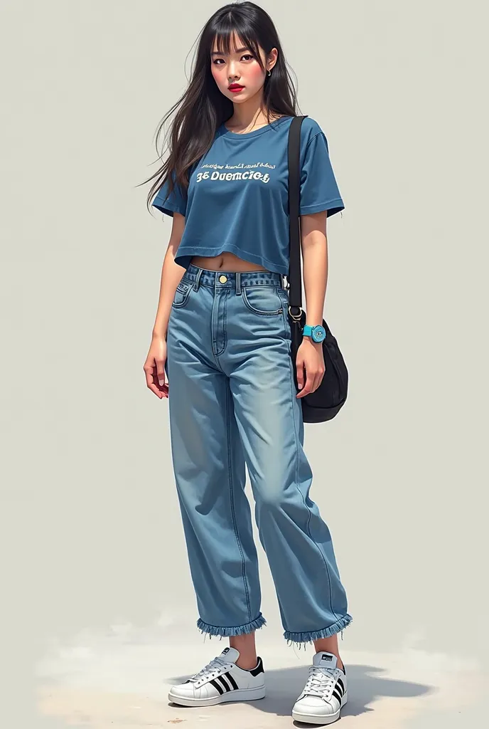 **"A 35-year-old Japanese dancer woman with long, straight hair without bangs, perfect makeup, eyeshadow, eyelice, redlips, big  figure with a large bust. She is wearing a tight t-shirt(blue, text printing *pacar nya supri), loose scars jeans trousers that...