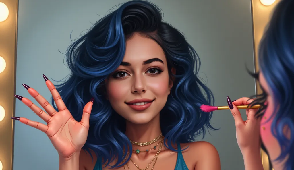 Black and blue hair, thick black lips. Cheerful, waving with one hand raised and with the other hand applying makeup in front of a large mirror. Arte realista.