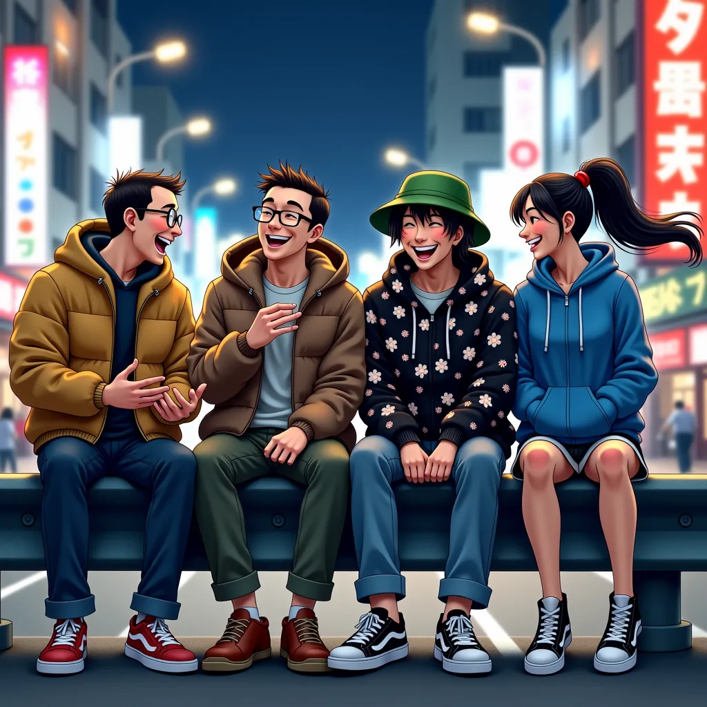 Four young Japanese individuals are sitting on a sturdy guardrail along a bustling city street at night, sharing animated conversation and laughter. The first man, sporting a buzz cut and glasses, wears a crisp white T-shirt despite the cool night air; he ...