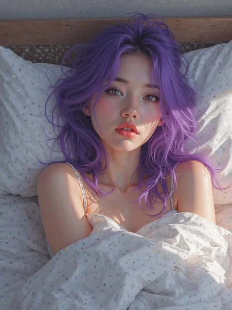 Girl lying in bed wearing sneakers, purple hair, detailed, realistic, studio lighting, Perfectly sharp , fotorealistice malerei,  beautiful colors , delicate skin