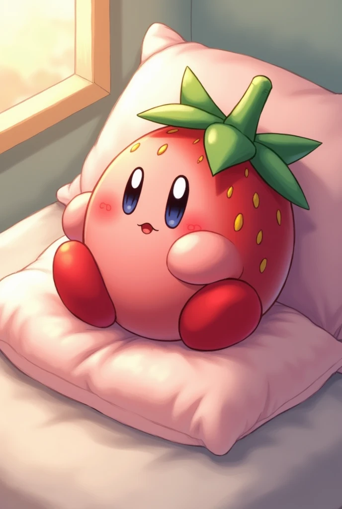 A Kirby disguised as a strawberry while sleeping on a pillow 