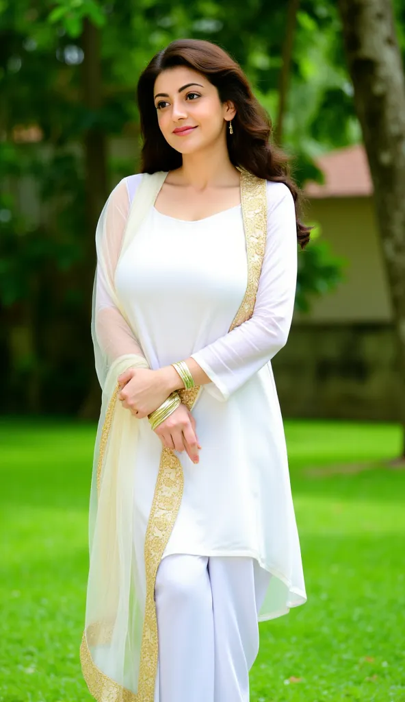 Beautiful Pakistani Girl in White Sarwar and gold laces dupatta standing in a beautiful Lawn full body Realistic picture 