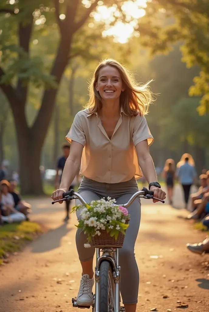 Realistic photograph of an extroverted woman riding a bicycle in a wooded park during the late afternoon. She wears a comfortable and stylish look, consisting of a lightweight short-sleeved blouse and a sporty legging, suitable for an outdoor ride. On the ...