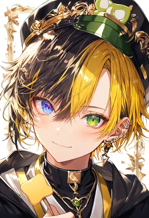 (masterpiece, best quality:1.2), (absurdres, highres, ultra-detailed), (perfect anatomy), close-up face,
1boy,1 japanese boy,beautiful eyes00 , (heterochromia, green eyes ,blue eyes), very short hair,spike hair,  ((multicolored hair ,  yellow hair, gold ha...