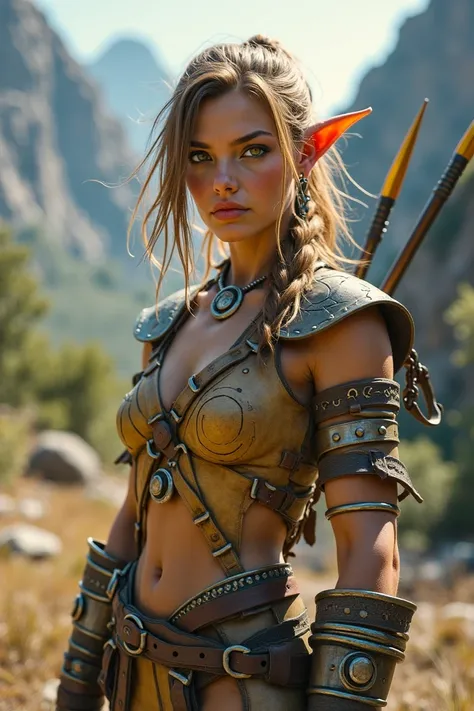 Female goblin, huntress, , beautiful, spear and javelin, yellow eyes, brown long hair, silver necklace and earrings, leather huntress armor