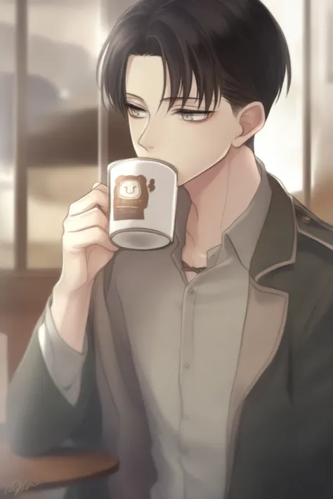 Relaxed scene of Levi Ackerman drinking coffee at a cafe。His fans are curious all around him々I'm watching