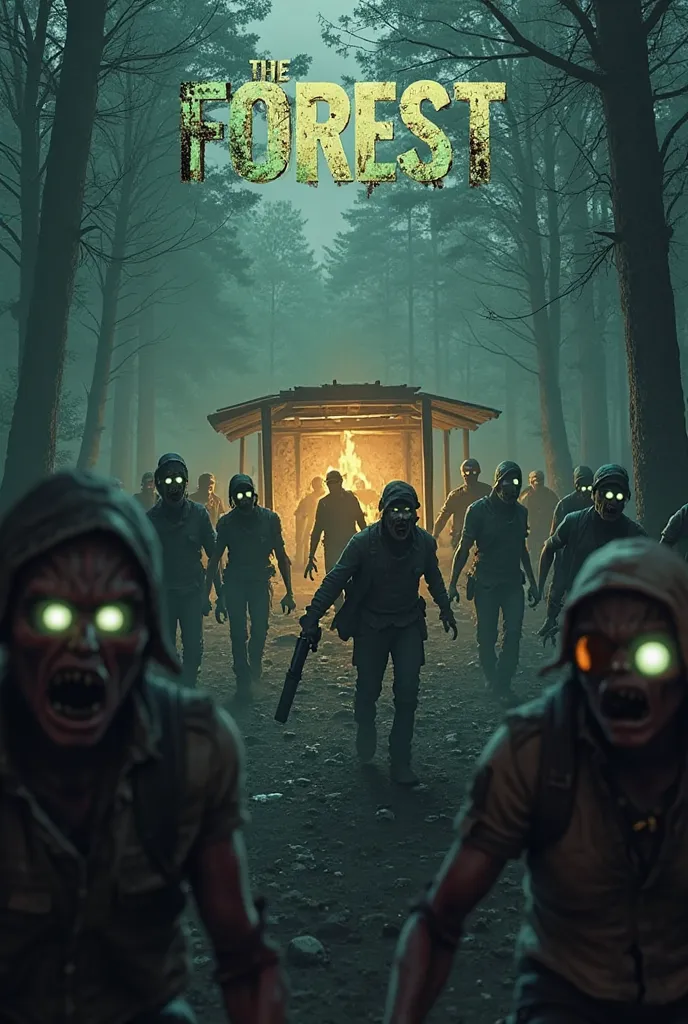 "A thumbnail of The Forest with an intense and terrifying aesthetic. Lens In the foreground, several deformed and aggressive zombies, with glowing eyes and threatening expressions, several deformed and aggressive zombies advance towards the camera. In the ...