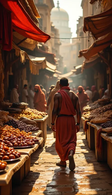 POV: walking through the bustling markets of ancient Sodom, hands brushing against exotic silks, trays of ripe dates and bread displayed on marble tables, merchants shouting, drunken revelers laughing, intense colors and immersive atmosphere.