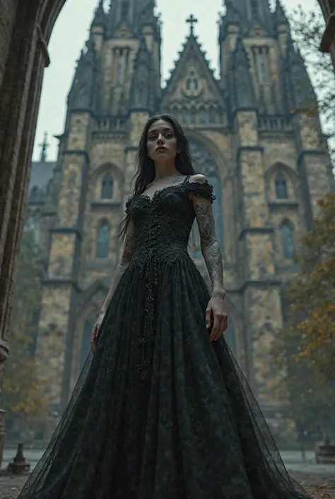 Girl in black gothic dress in front of a huge church