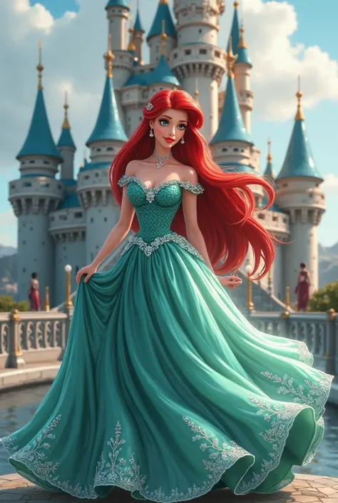 Princess Ariel, princess dress, in front of the castle