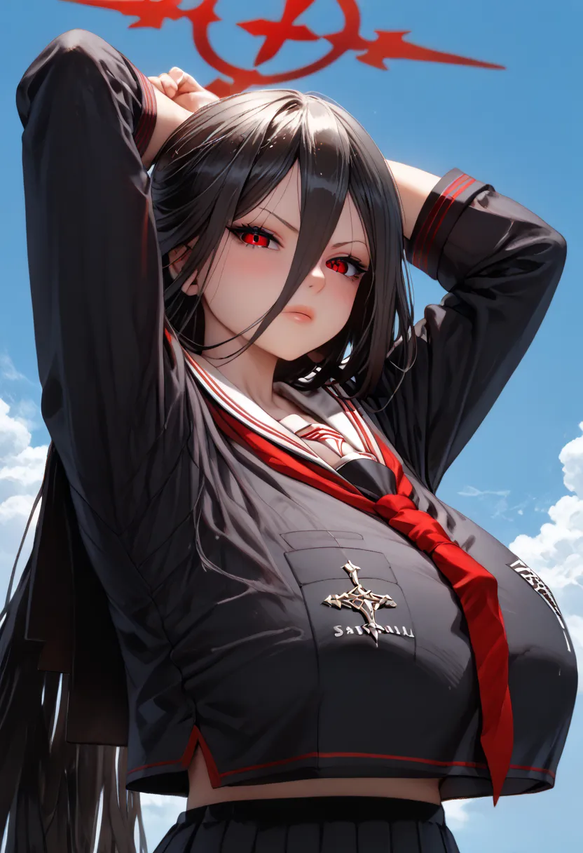 (((Hasumi Hanekawa)))、((( black hair)))、((( long hair)))、(((red circle above head)))、((((( black sailor suit)))))、((((( cross your arms a little)))))、((((( huge breasts))))),(((((V Sharp Eyebrow  ))))),((( looks away)))、,(anger)、(((Faint)))、((blue sky))、{{...