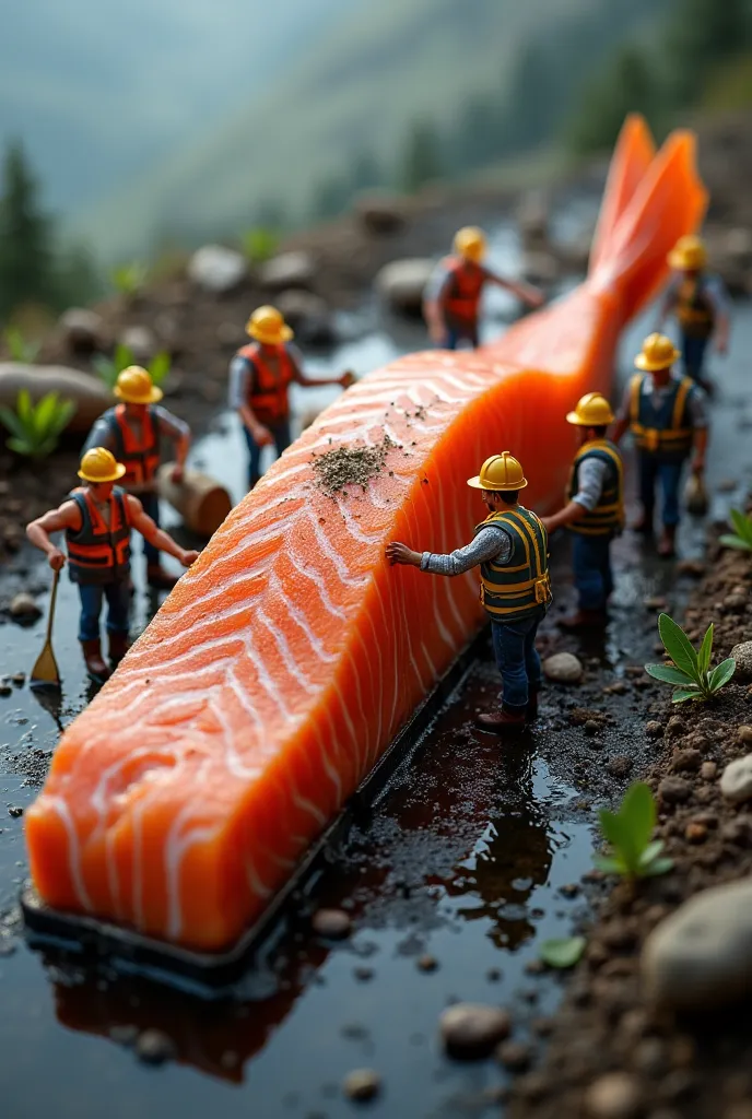 Hyper-realistic image of tiny construction workers cooking a giant salmon fillet, cinematic lighting, macro photography style."