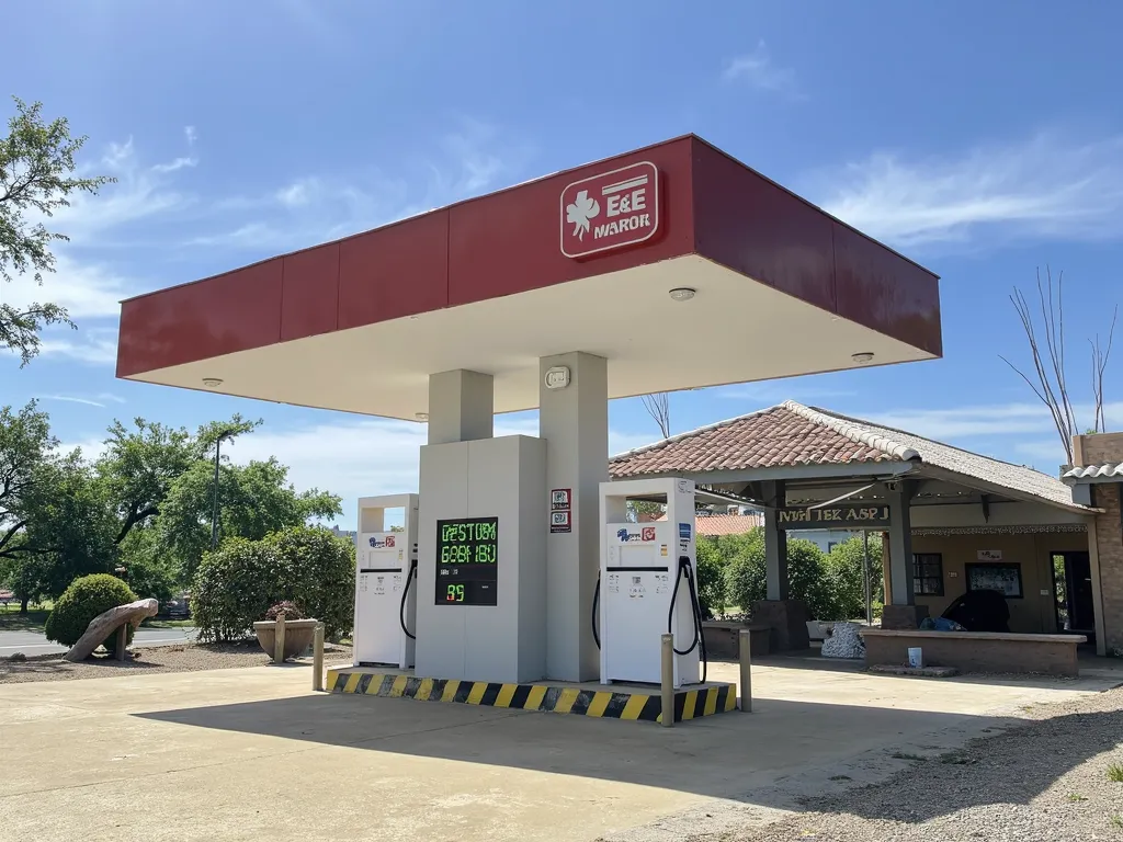 Gasoline station with red canopy and the signage is E&E
Same as this