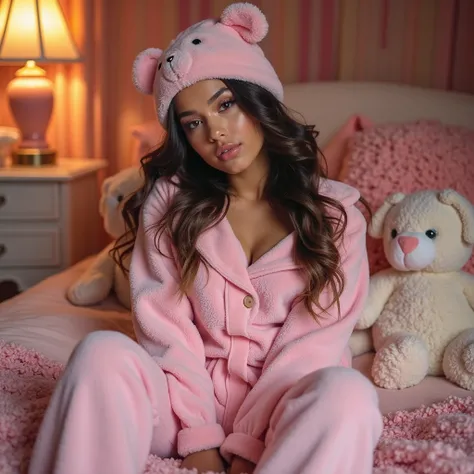 Ariana Grande in pink terry pajamas , overalls, with a large neckline, she lies on the bed in a rich, cozy room

Maycap , painted eyes, lip gloss
He sits on his knees in the middle of soft toys