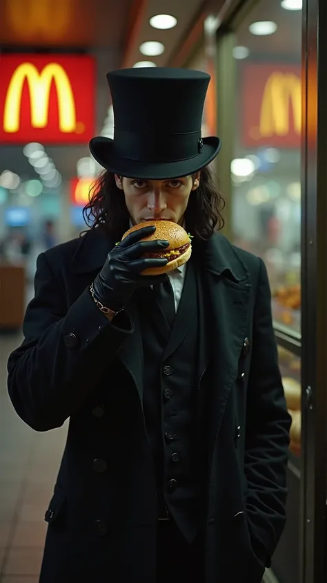 "A young and handsome hacker, enigmatic, In the cyberpunk style of the 1940s, inspired by the character Neo from Matrix. He is wearing a long elegant black overcoat and a top hat, with hair falling down to the shoulders. is eating a hamburger at the McDona...