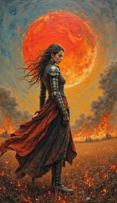 Tips: Strongly influenced by Van Gogh's oil paintings, acrylic and plaster oil painting, depicting a beautiful female warrior on a battlefield of fire, wearing a rusty metal leather armor robe, with a vast sky and a big red sun in the background, surrounde...