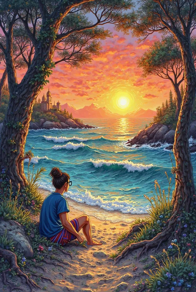 Make a realistic drawing. Where the two scenes blend into one:

### **top scene:  beach at sunset **

#### **1.  foreground  (man e dragon)**

- **man:**
  - Round glasses: Draw two circles for lenses and a simple frame.
  - Messy bun: Long and curly hair,...