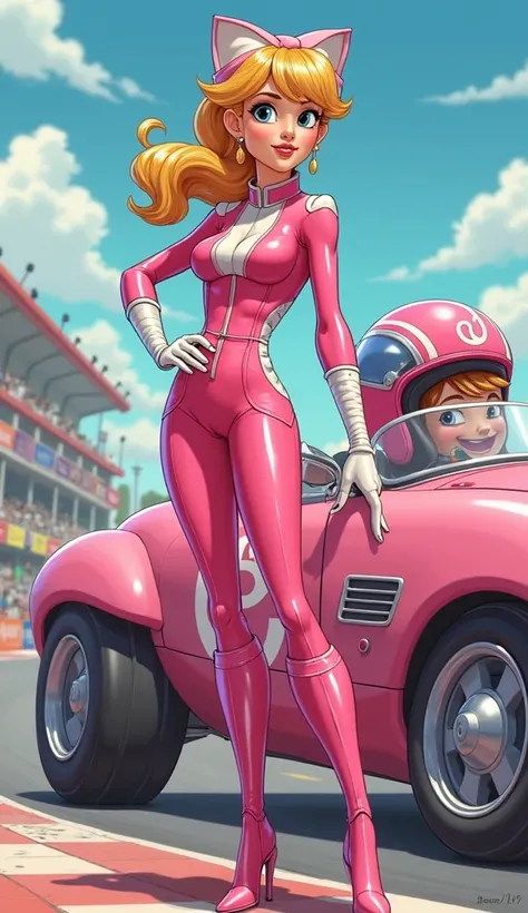 Create a detailed illustration of Penelope Pitstop, the character from Wacky Races. She is a tall and slender young woman with fair skin and long blonde hair tied in a voluminous ponytail. Her face is delicate, with large expressive eyes, thin lips, and a ...