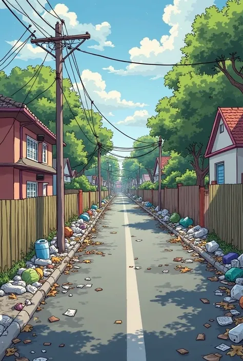  Panel 1 : Community Problem (Before)
Scene: A dirty street full of garbage, with a broken light pole, and s playing by the side of the road.
Dialogue:
Resident 1: "Too much garbage here, It's not safe for ren."
Resident 2: " Yes , it's dark at night becau...