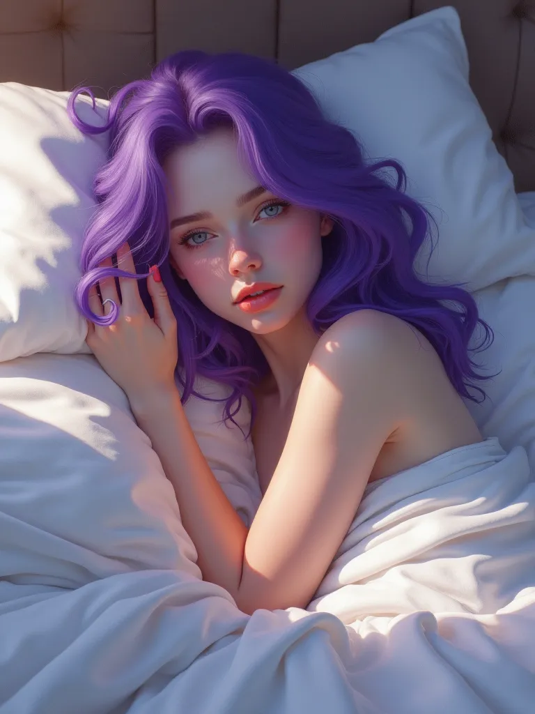 Girl lying in bed wearing sneakers, purple hair, detailed, realistic, studio lighting, Perfectly sharp , fotorealistice malerei,  beautiful colors , delicate skin